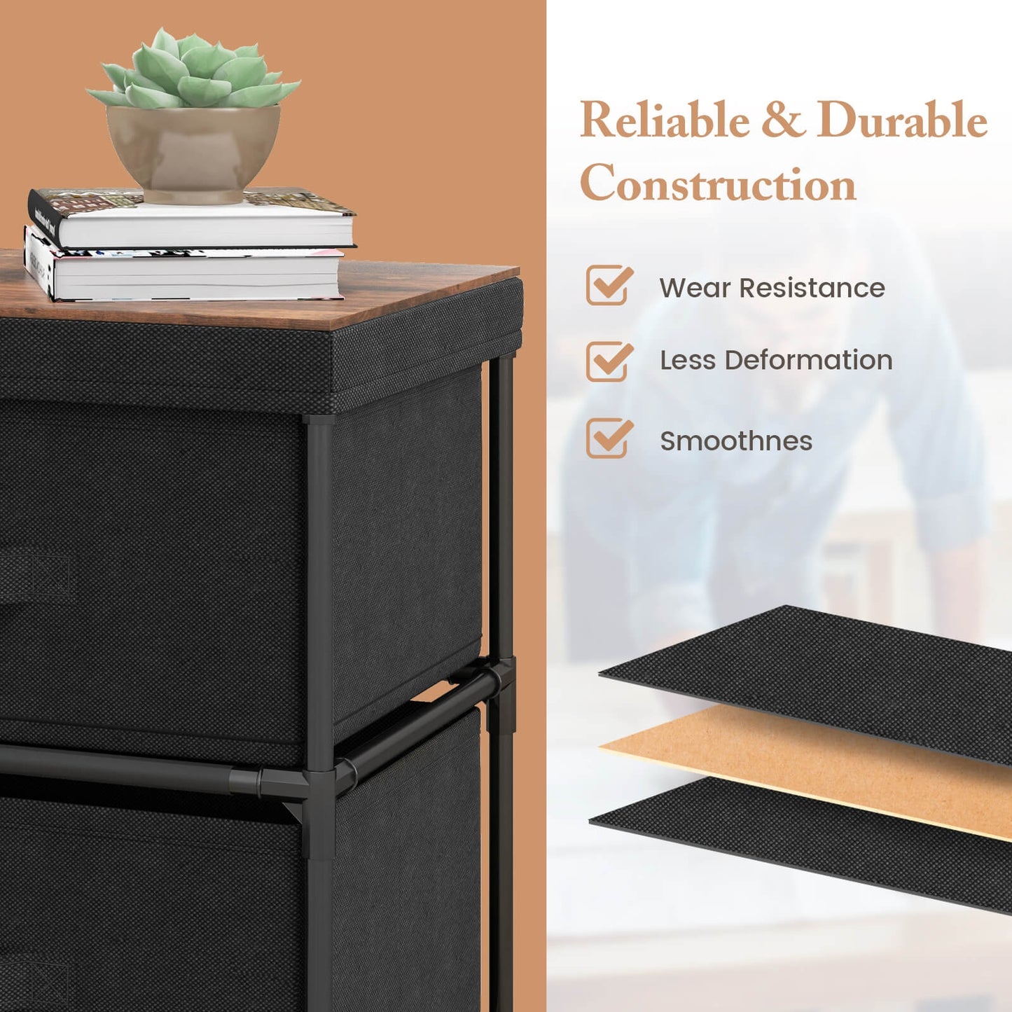 Modern Bedside Table with Removable Fabric Storage Drawers Black Finish