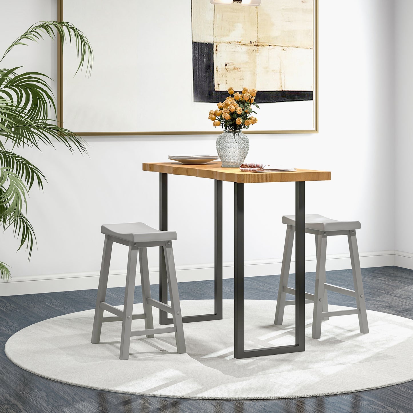 24 Inch Wooden Counter Stools Set of 2 with Curved Grey Seats and Footrests