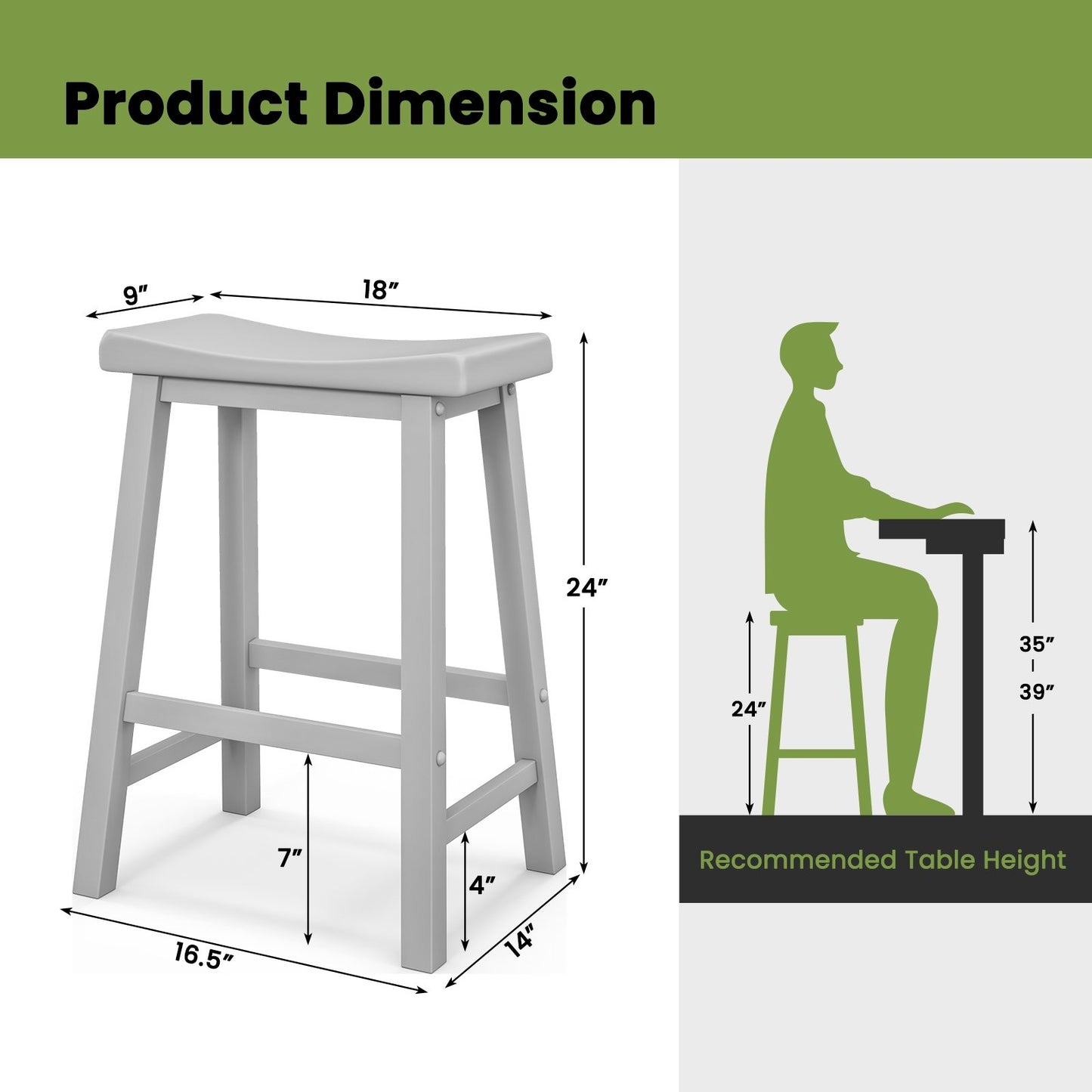 24 Inch Wooden Counter Stools Set of 2 with Curved Grey Seats and Footrests