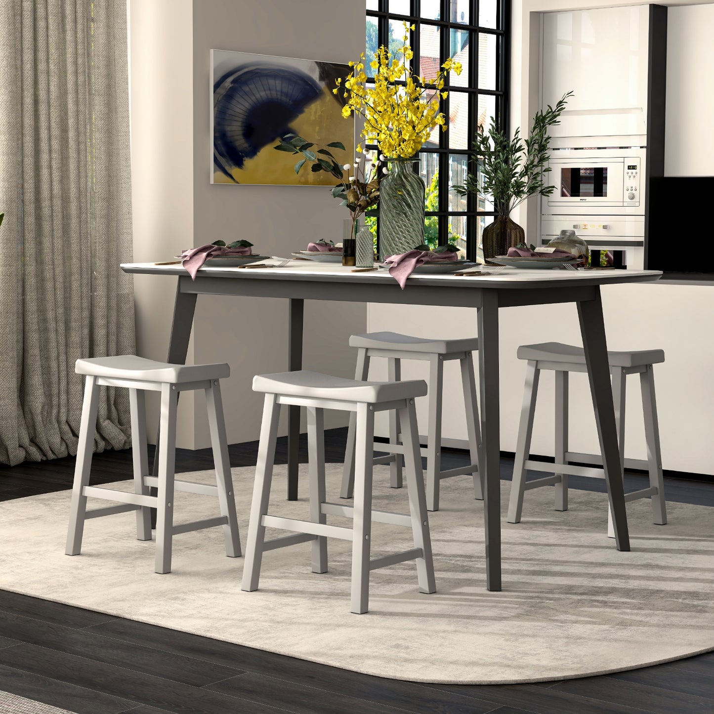 24 Inch Wooden Counter Stools Set of 2 with Curved Grey Seats and Footrests