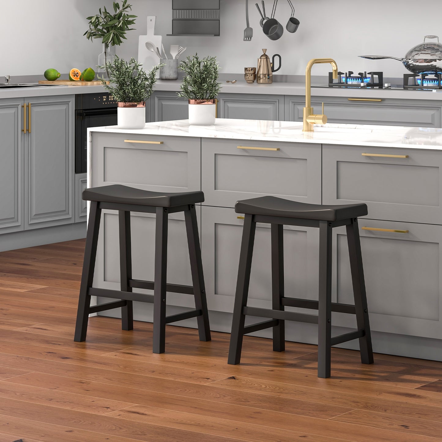 24 Inch Wooden Counter Stools Set of 2 with Curved Black Seats and Footrests