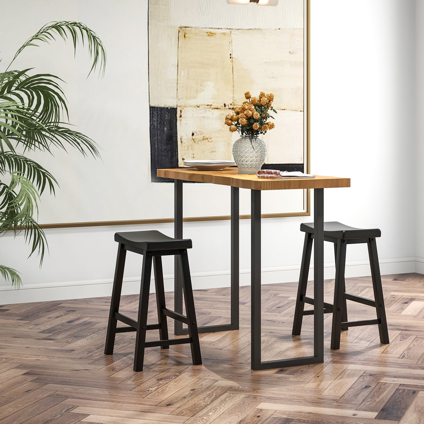 24 Inch Wooden Counter Stools Set of 2 with Curved Black Seats and Footrests
