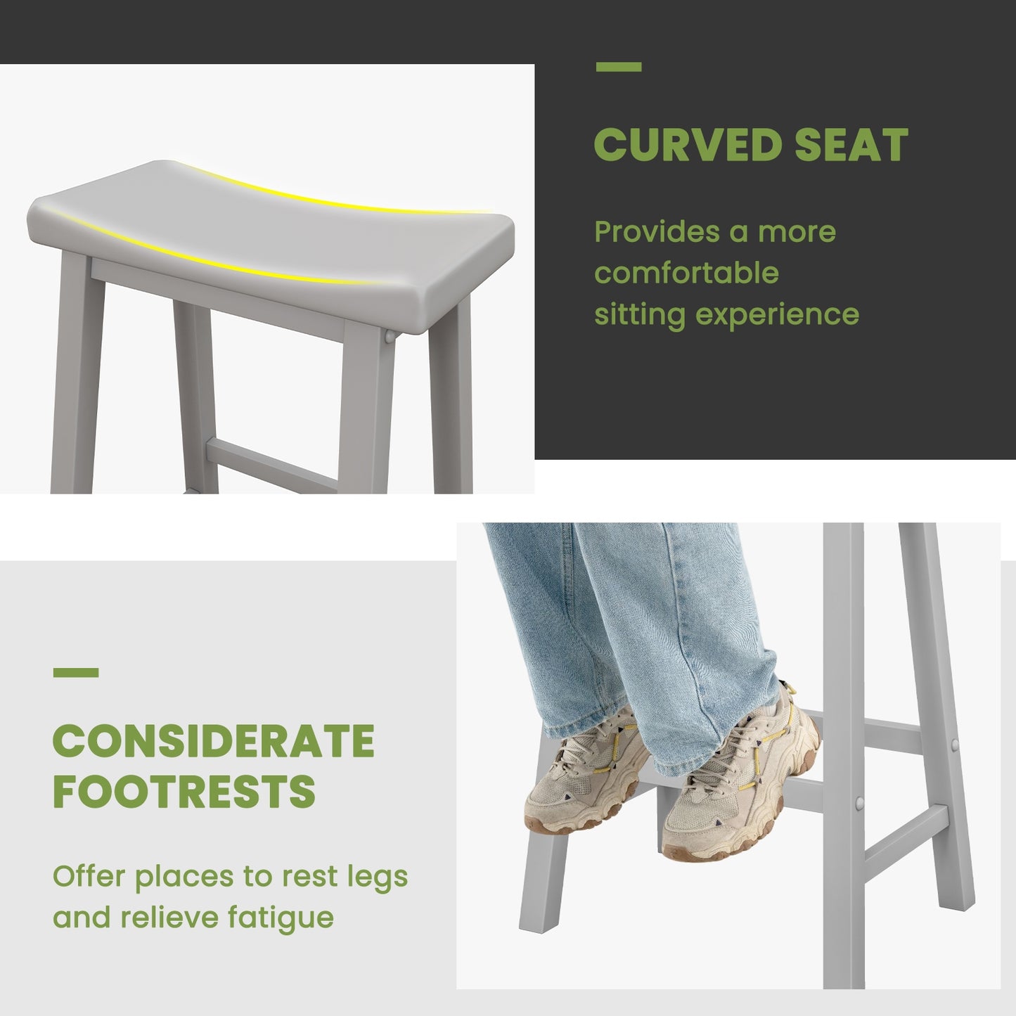 24 Inch Wooden Counter Stools Set of 2 with Curved Grey Seats and Footrests