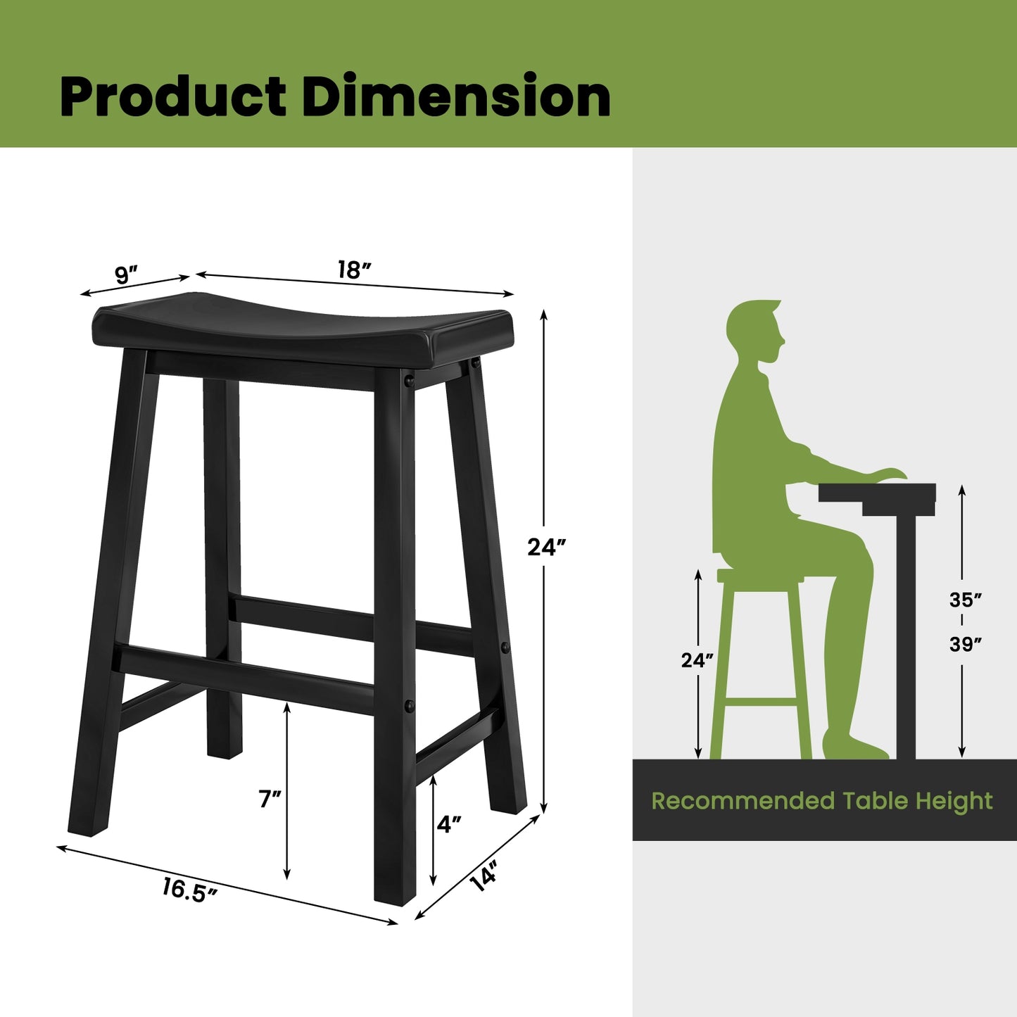 24 Inch Wooden Counter Stools Set of 2 with Curved Black Seats and Footrests