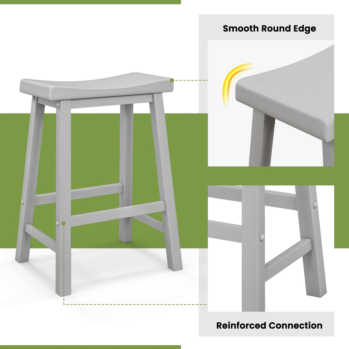 24 Inch Wooden Counter Stools Set of 2 with Curved Grey Seats and Footrests