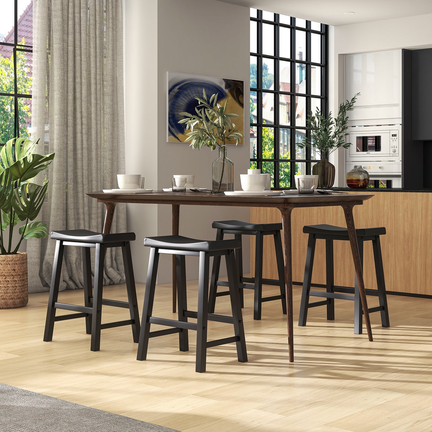 24 Inch Wooden Counter Stools Set of 2 with Curved Black Seats and Footrests