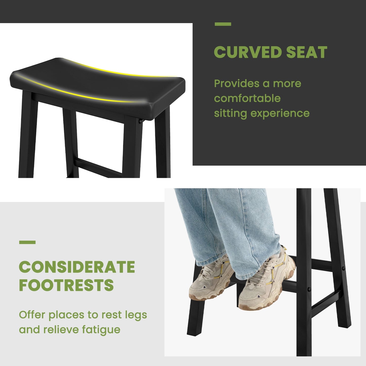24 Inch Wooden Counter Stools Set of 2 with Curved Black Seats and Footrests