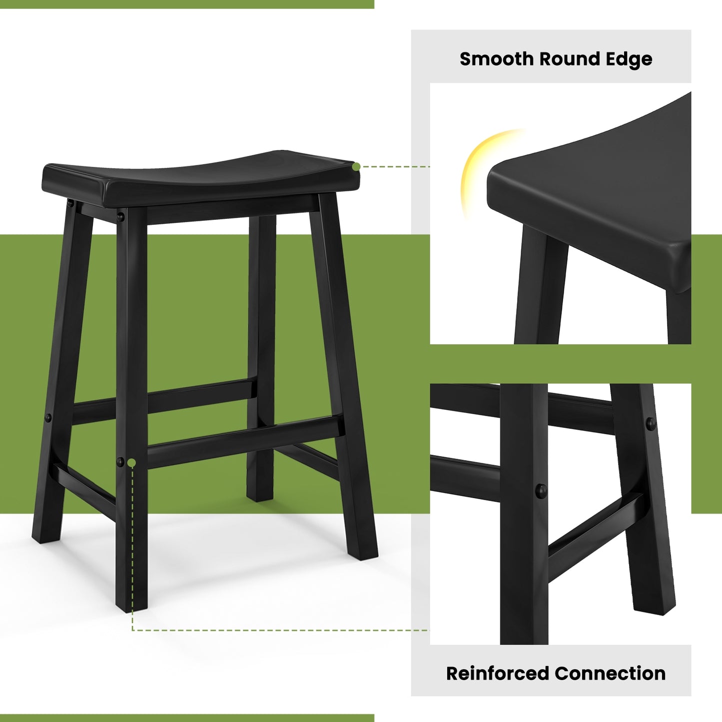 24 Inch Wooden Counter Stools Set of 2 with Curved Black Seats and Footrests