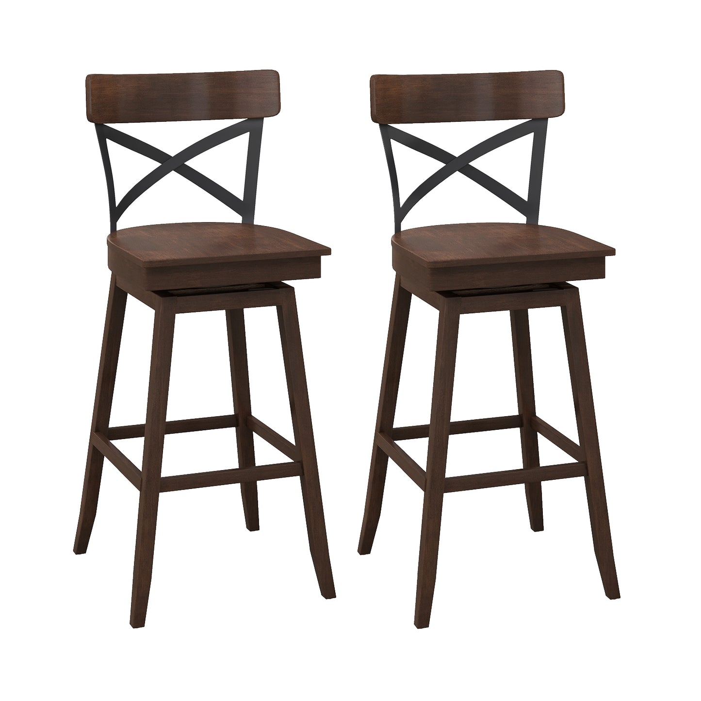 Set of 2 29 Inch Wooden Swivel Bar Stools with X-Back Design and Built-In Footrest