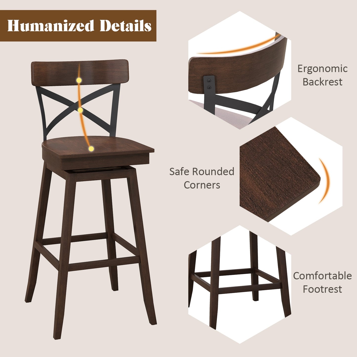 Set of 2 29 Inch Wooden Swivel Bar Stools with X-Back Design and Built-In Footrest