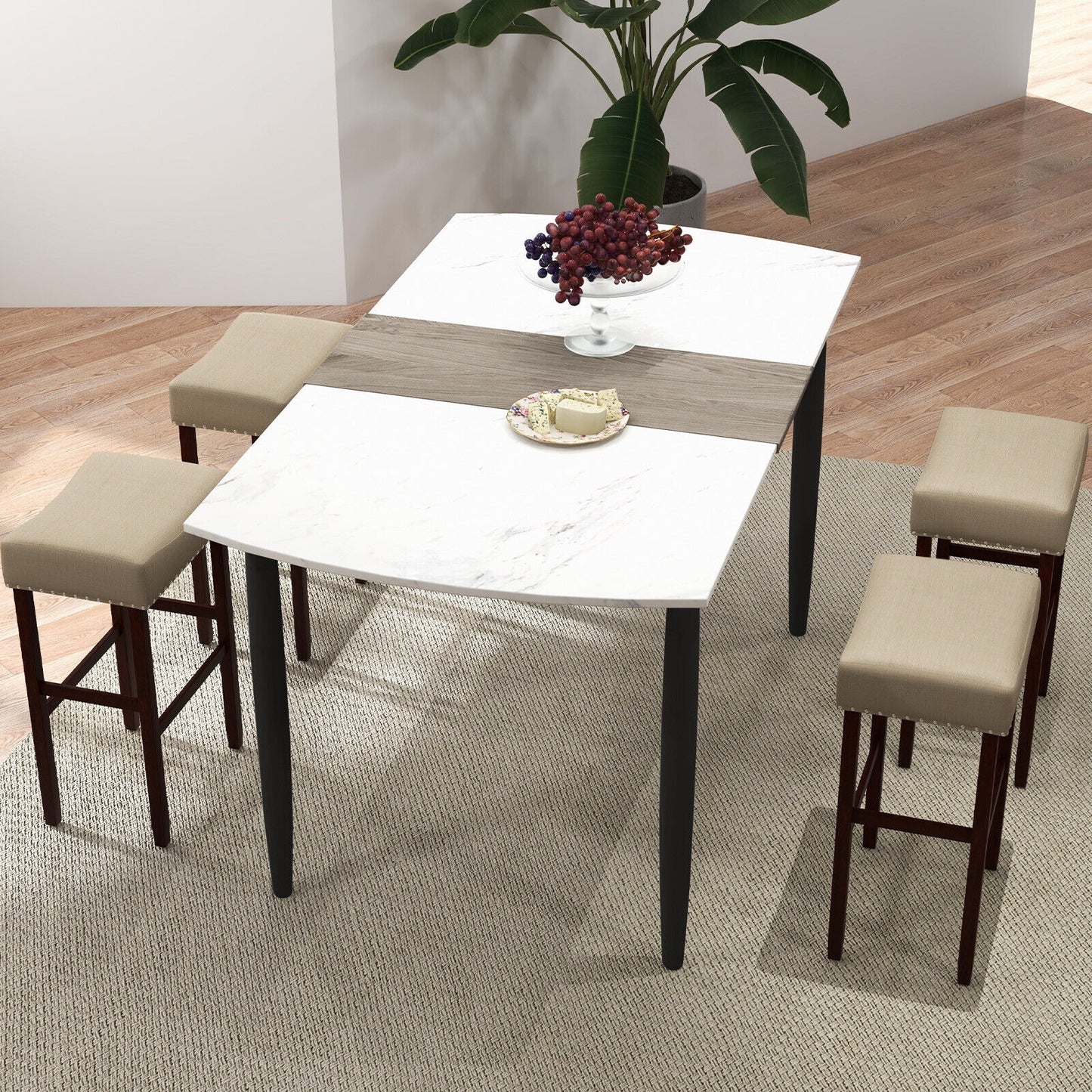Set of 2 Upholstered 29 Inch Bar Stools with Beige Linen Seats and Solid Rubber Wood Legs