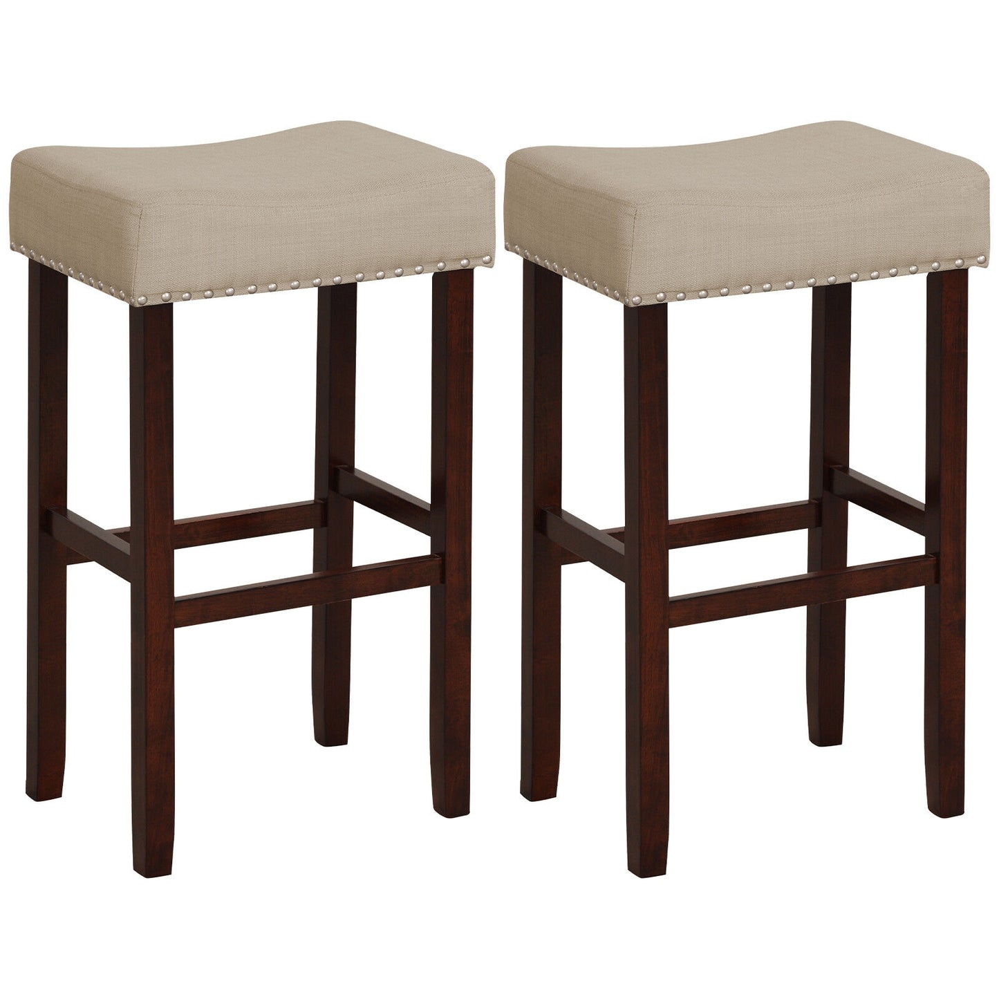Set of 2 Upholstered 29 Inch Bar Stools with Beige Linen Seats and Solid Rubber Wood Legs