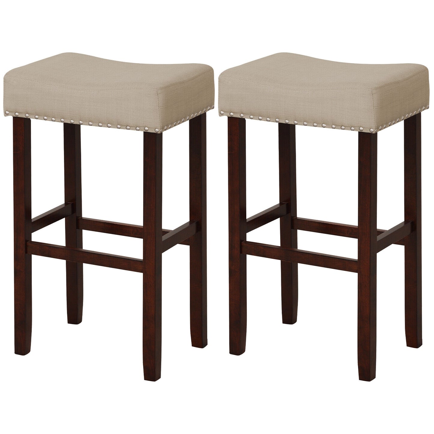 Set of 2 Upholstered 29 Inch Bar Stools with Beige Linen Seats and Solid Rubber Wood Legs