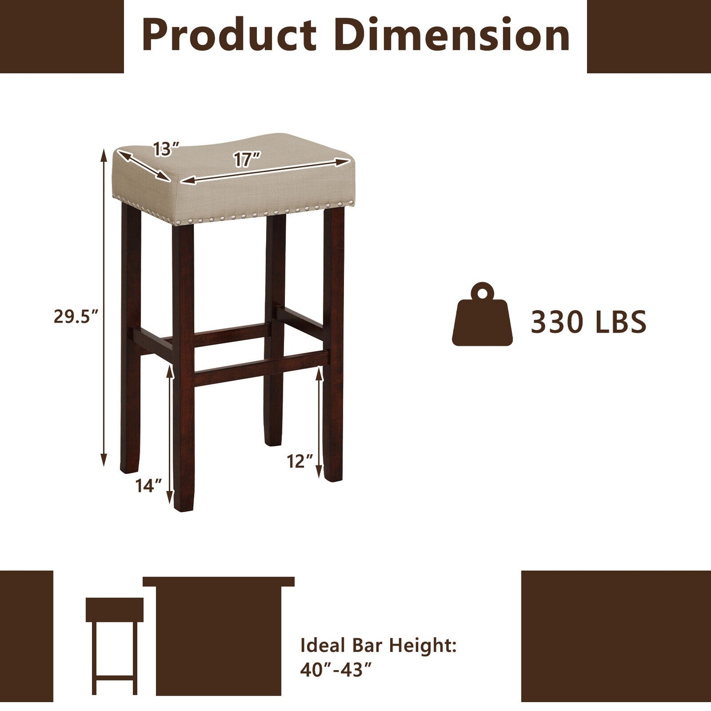 Set of 2 Upholstered 29 Inch Bar Stools with Beige Linen Seats and Solid Rubber Wood Legs