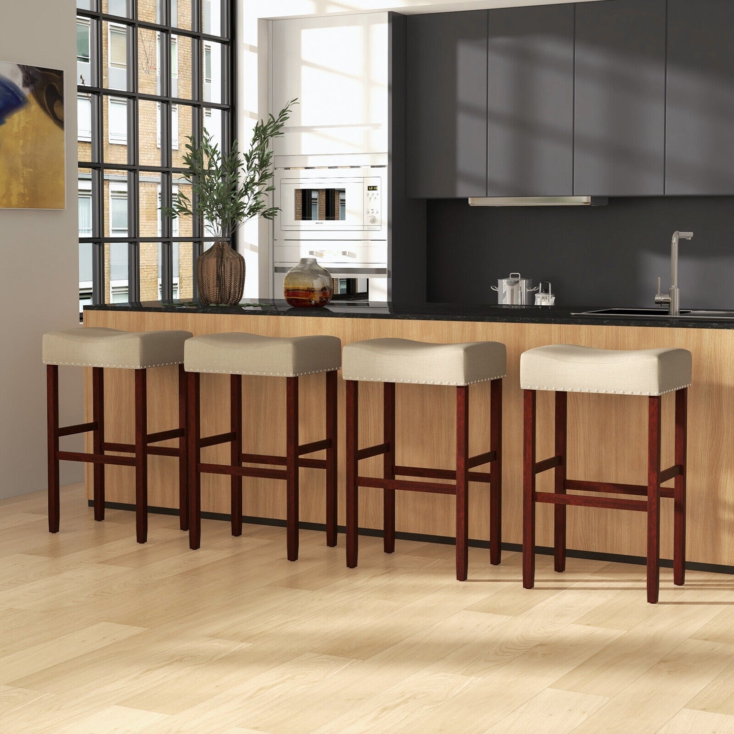 Set of 2 Upholstered 29 Inch Bar Stools with Beige Linen Seats and Solid Rubber Wood Legs