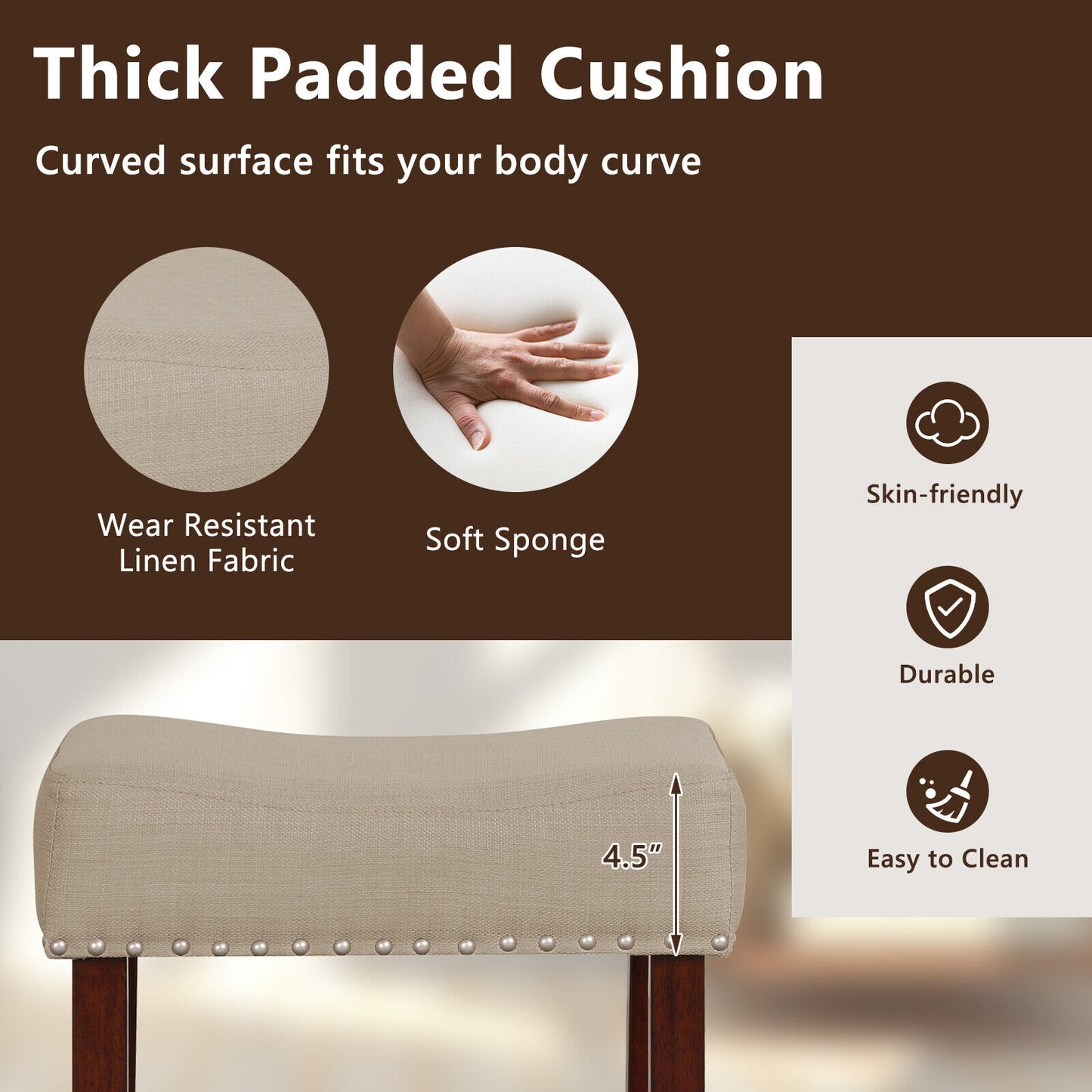 Set of 2 Upholstered 29 Inch Bar Stools with Beige Linen Seats and Solid Rubber Wood Legs