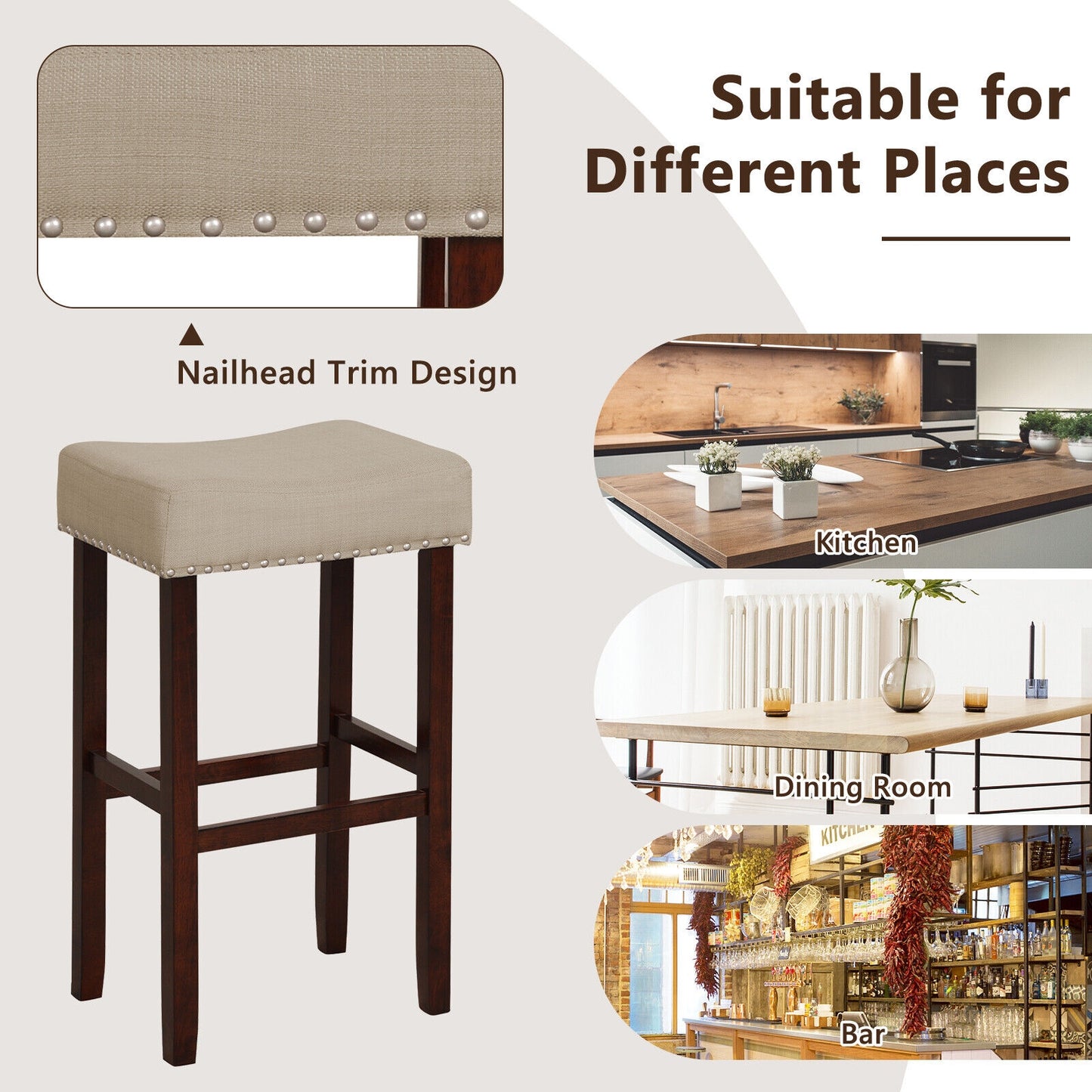 Set of 2 Upholstered 29 Inch Bar Stools with Beige Linen Seats and Solid Rubber Wood Legs