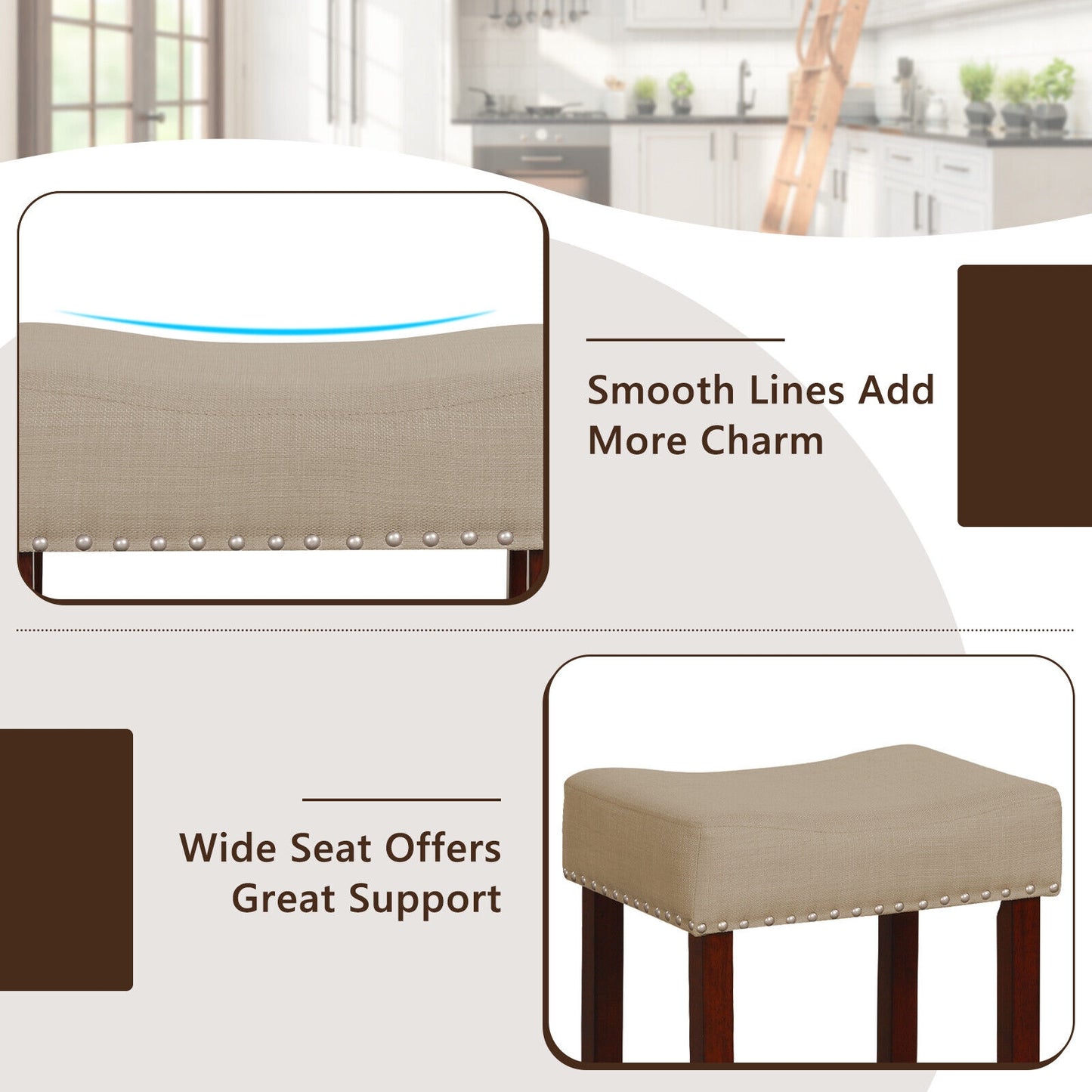 Set of 2 Upholstered 29 Inch Bar Stools with Beige Linen Seats and Solid Rubber Wood Legs