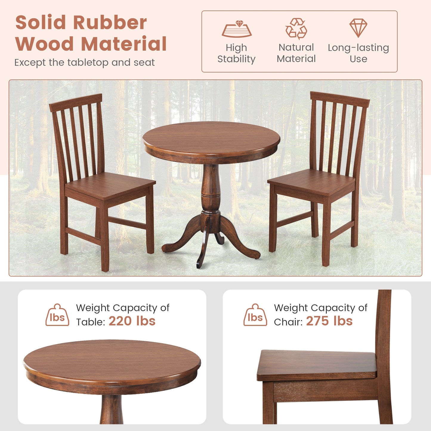 3 Piece Round Wooden Dining Set with Chairs for Kitchen Cafe or Small Dining Room