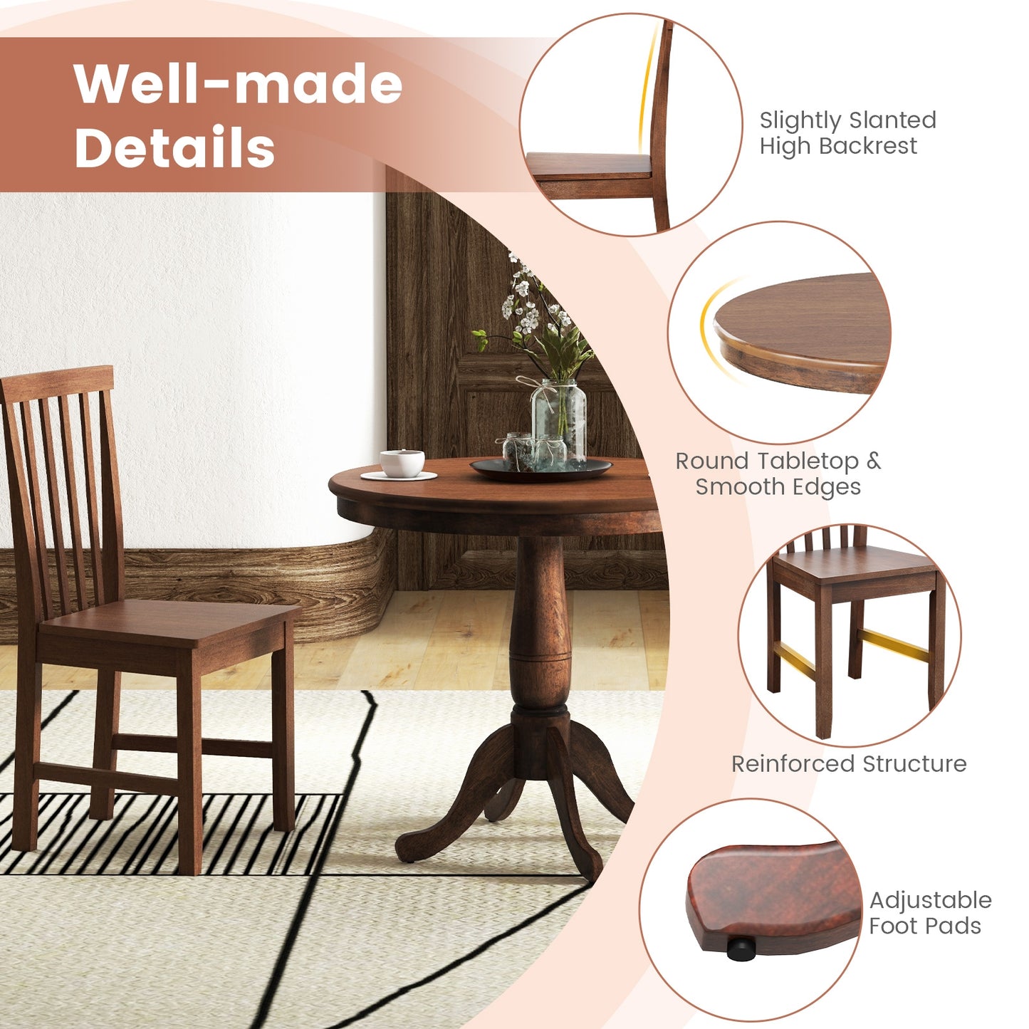 3 Piece Round Wooden Dining Set with Chairs for Kitchen Cafe or Small Dining Room
