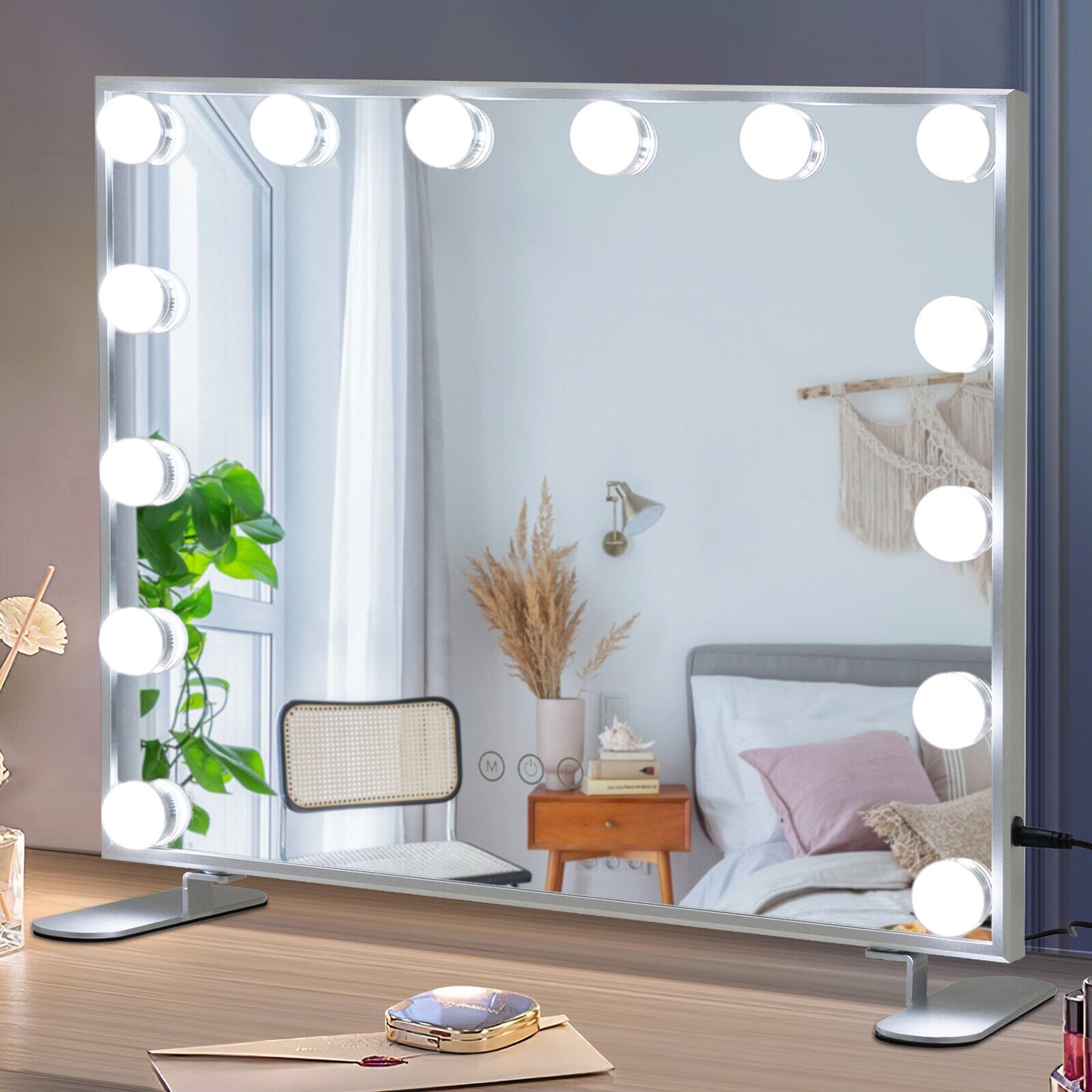 Premium 2-in-1 LED Vanity Mirror with 14 Dimmable Bulbs and Adjustable Lighting