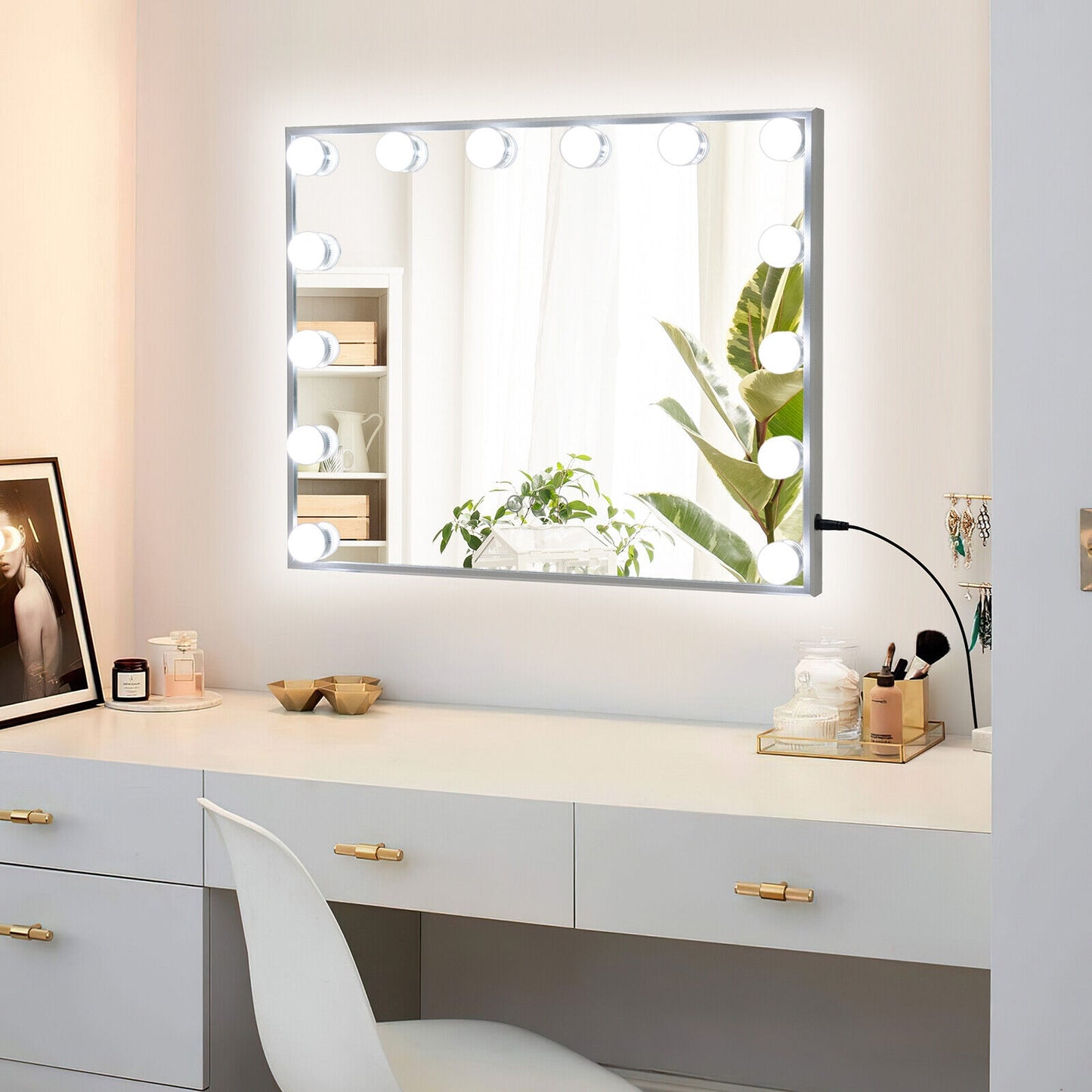 Premium 2-in-1 LED Vanity Mirror with 14 Dimmable Bulbs and Adjustable Lighting