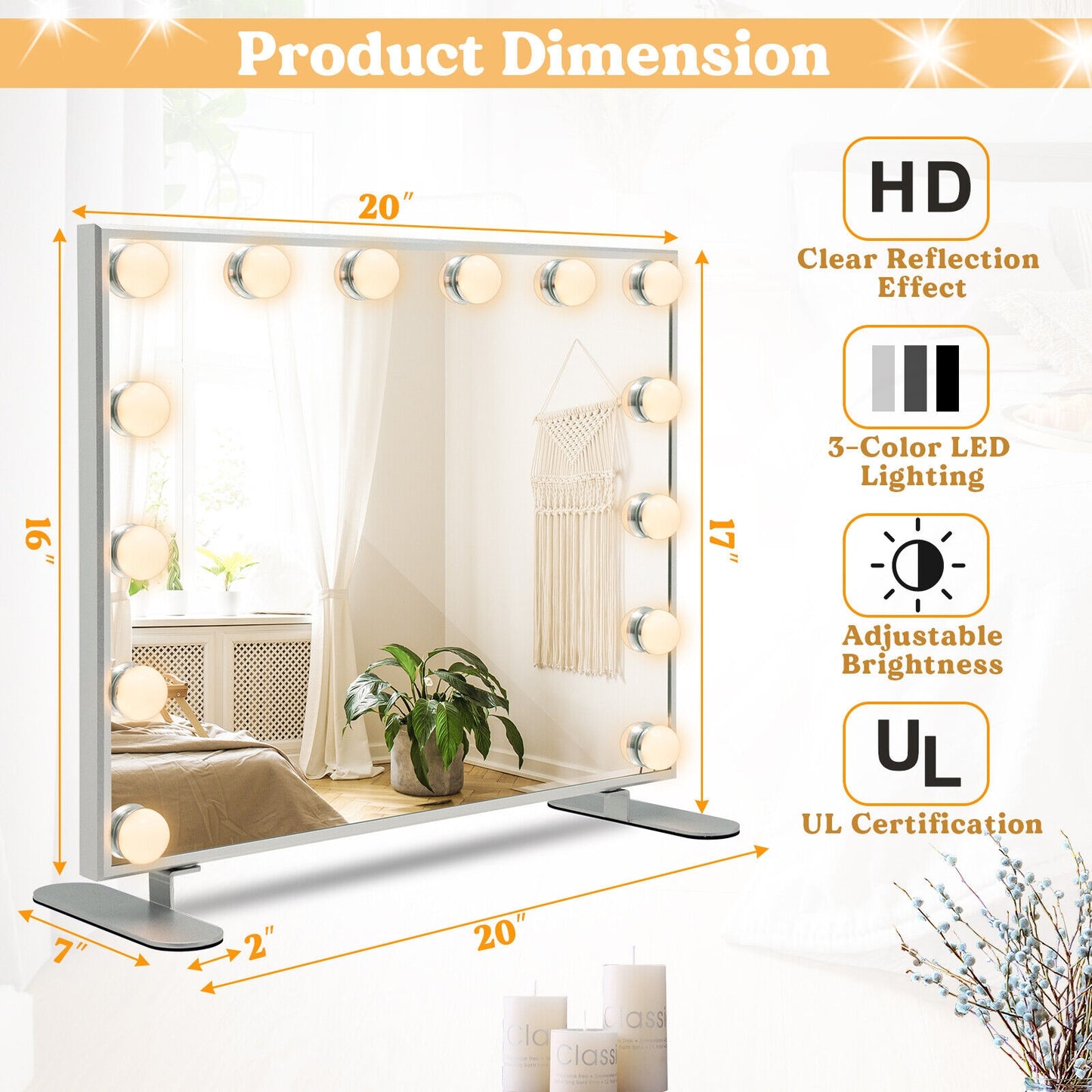 Premium 2-in-1 LED Vanity Mirror with 14 Dimmable Bulbs and Adjustable Lighting