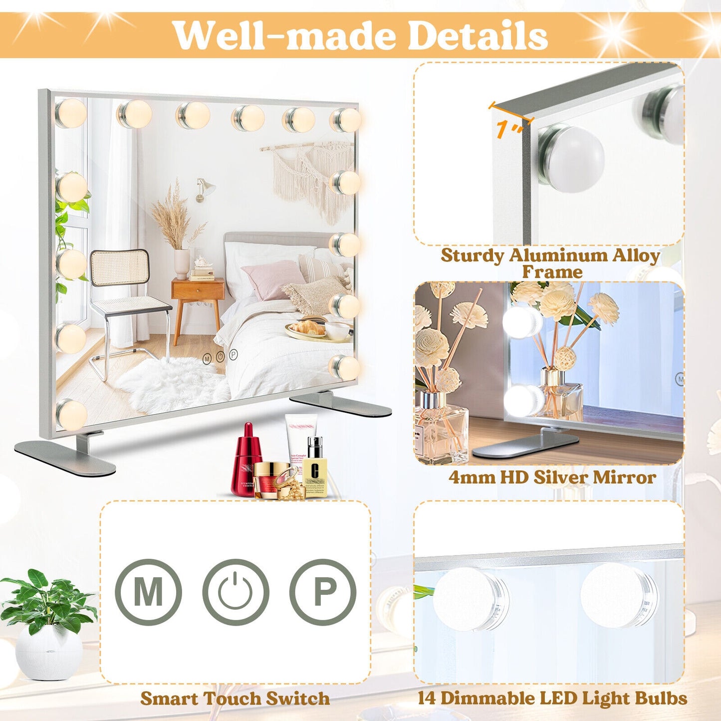 Premium 2-in-1 LED Vanity Mirror with 14 Dimmable Bulbs and Adjustable Lighting