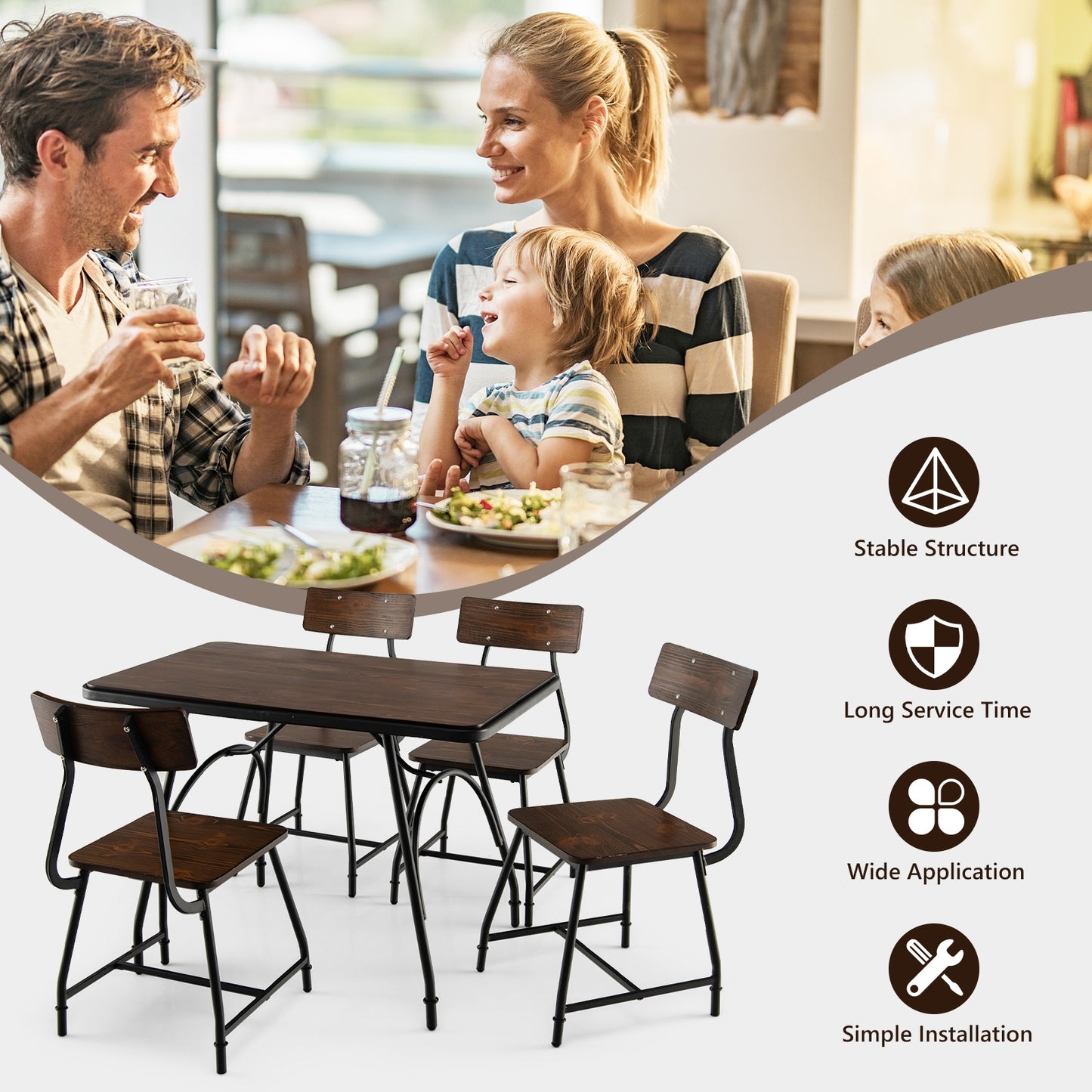 Industrial Rectangular Dining Table with Steel Frame and Wood Finish Top