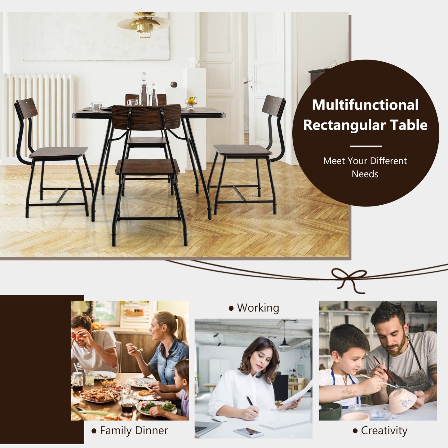 Industrial Rectangular Dining Table with Steel Frame and Wood Finish Top