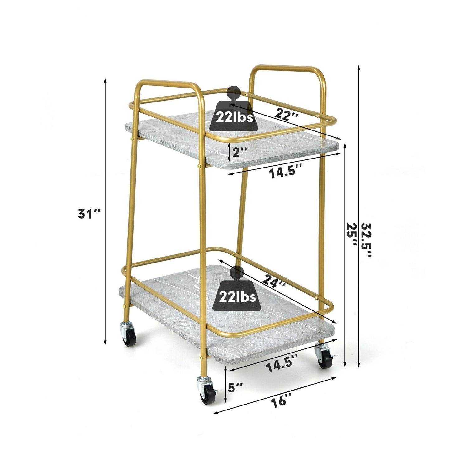 2-Tier Rolling Kitchen Cart with Durable Steel Frame and Locking Wheels