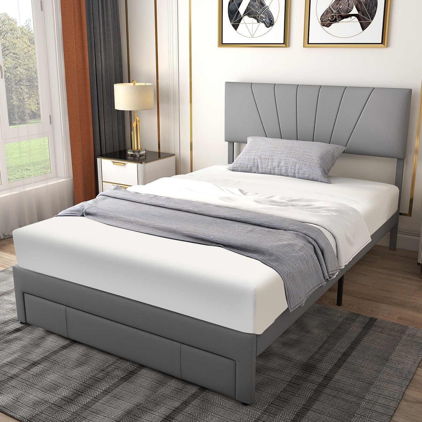 Elegant Upholstered Bed Frame with Storage Drawer and Adjustable Headboard - Full/Queen Size