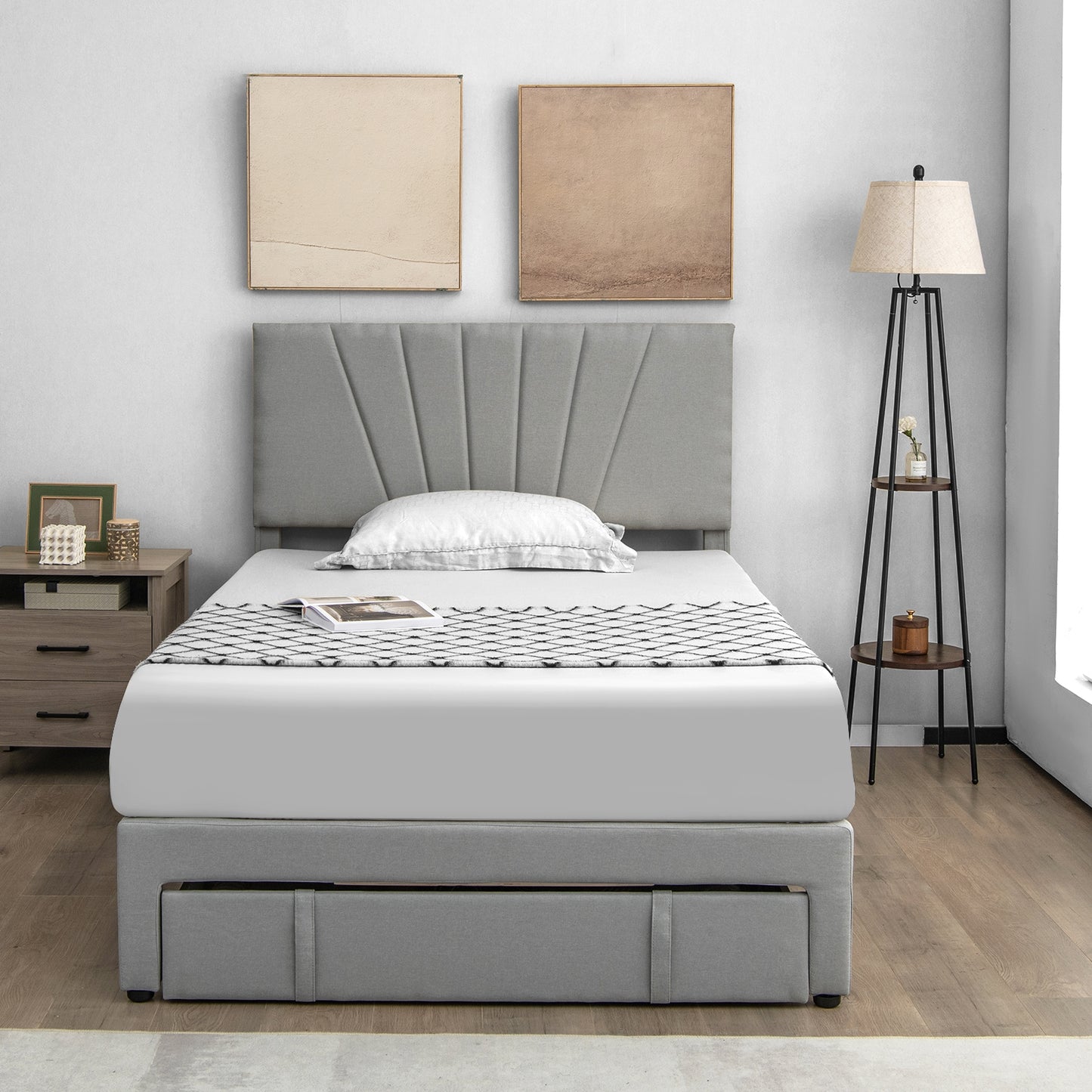 Elegant Upholstered Bed Frame with Storage Drawer and Adjustable Headboard - Full/Queen Size