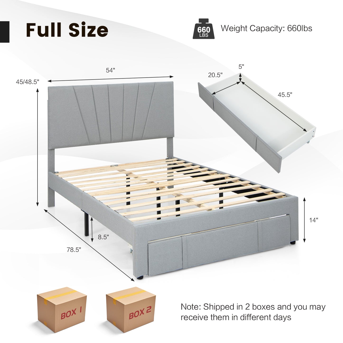 Elegant Upholstered Bed Frame with Storage Drawer and Adjustable Headboard - Full/Queen Size