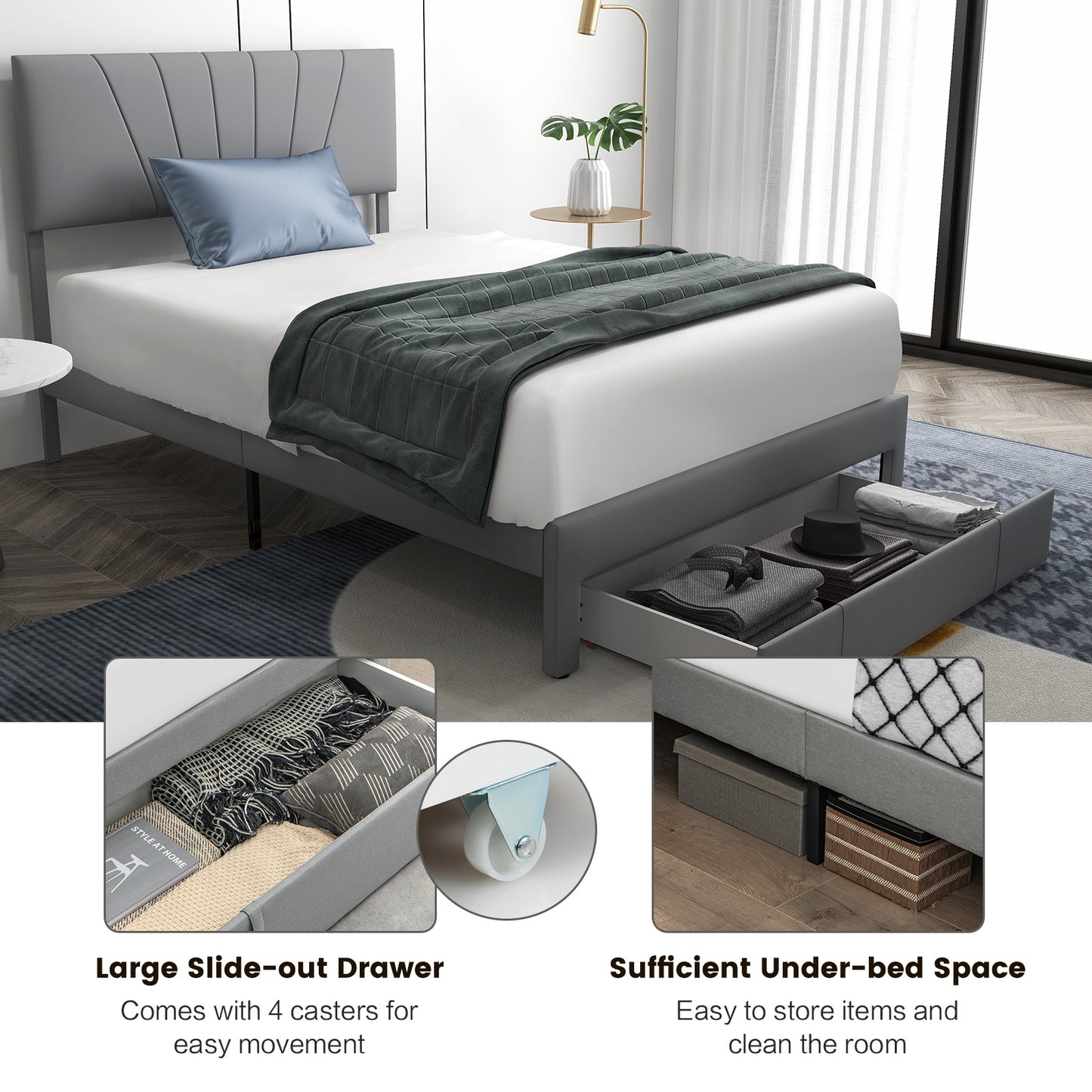 Elegant Upholstered Bed Frame with Storage Drawer and Adjustable Headboard - Full/Queen Size