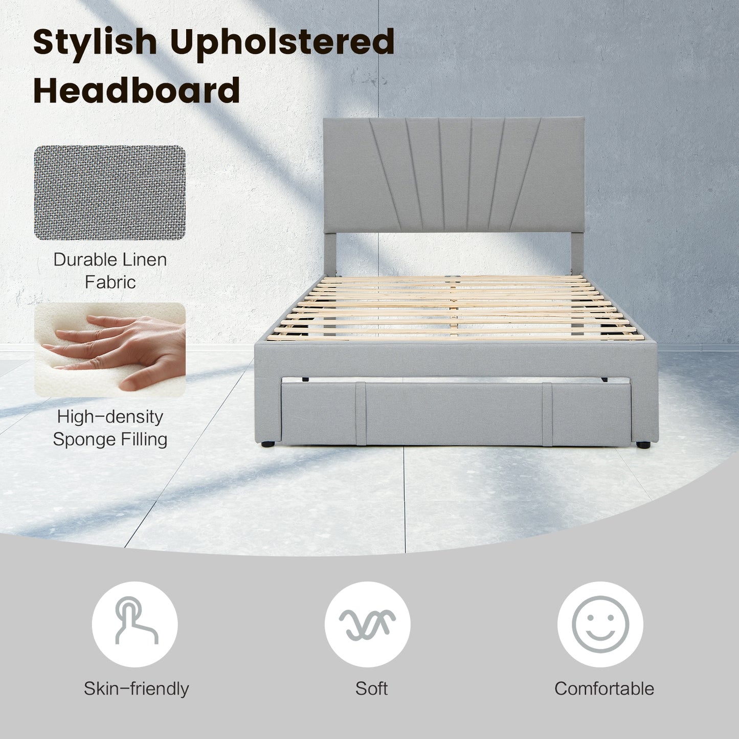 Elegant Upholstered Bed Frame with Storage Drawer and Adjustable Headboard - Full/Queen Size