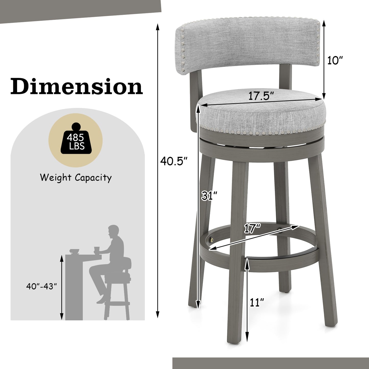 Elegant Swivel Bar Stool with Comfortable Backrest, Footrest, and Fabric Seat, 31 inch