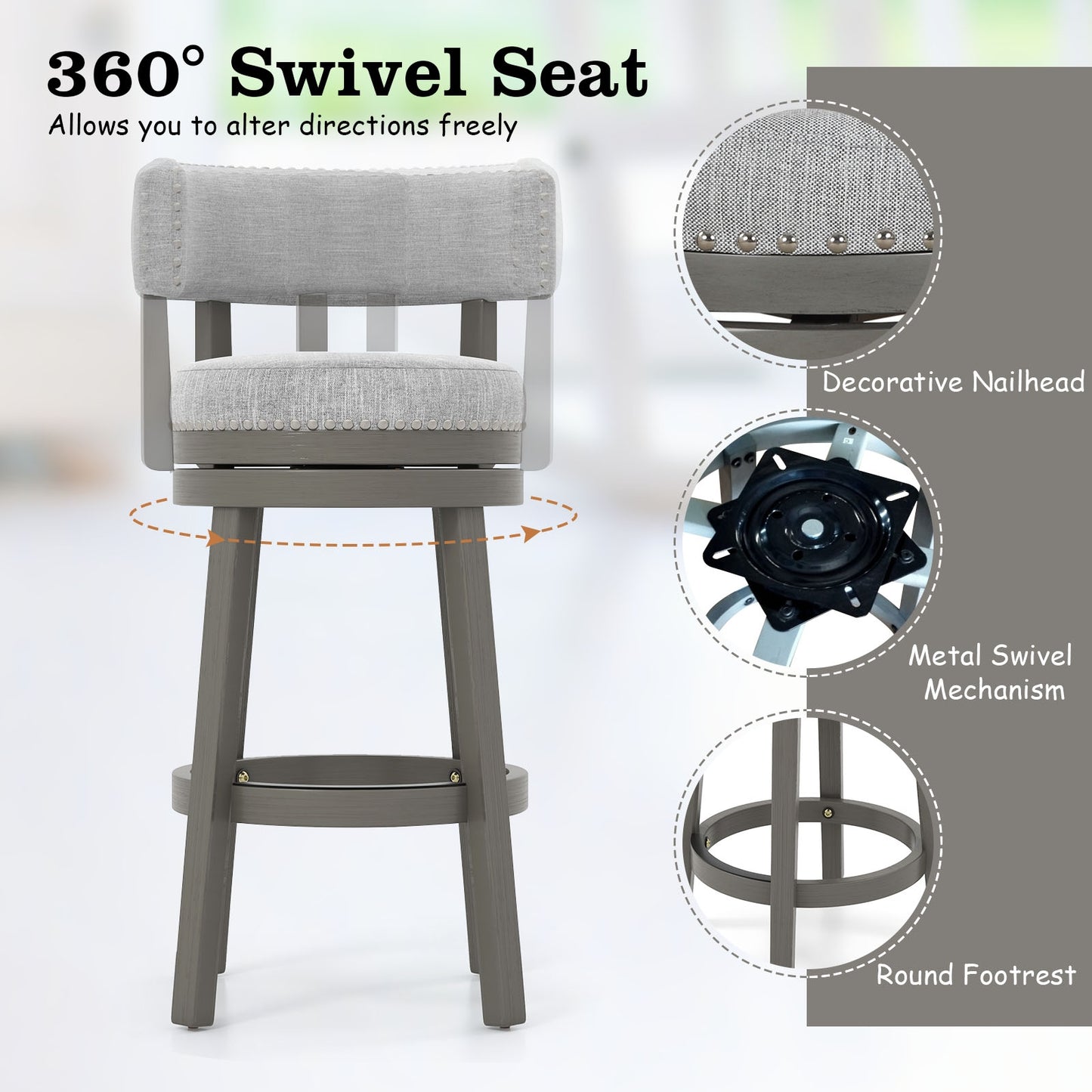 Elegant Swivel Bar Stool with Comfortable Backrest, Footrest, and Fabric Seat, 31 inch