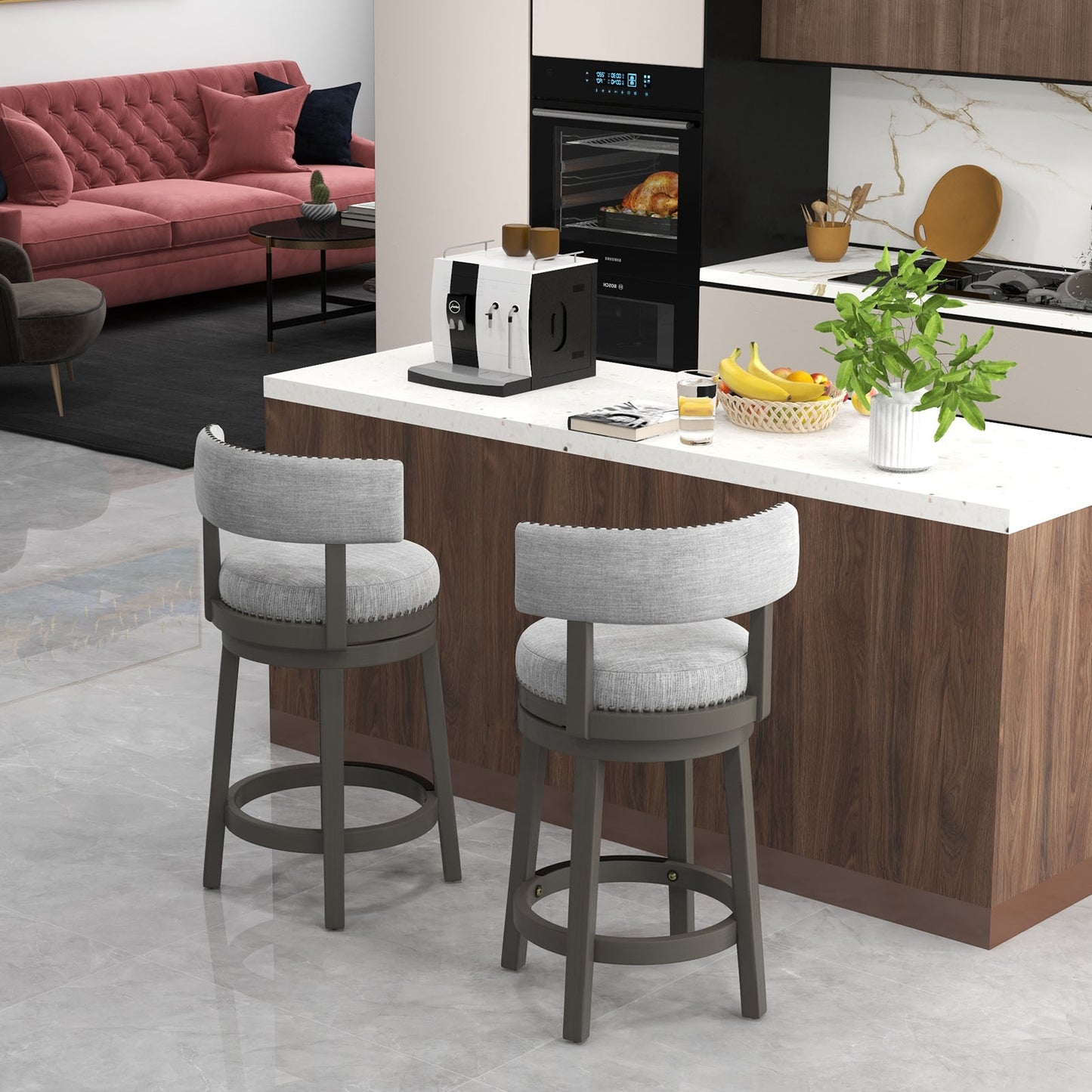 Elegant Swivel Bar Stool with Comfortable Backrest, Footrest, and Fabric Seat, 27 Inch