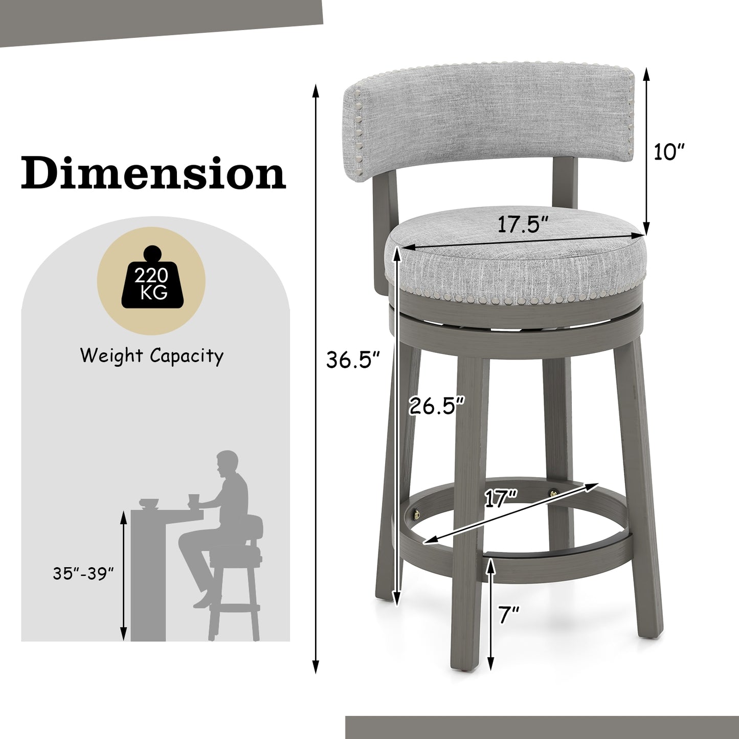 Elegant Swivel Bar Stool with Comfortable Backrest, Footrest, and Fabric Seat, 27 Inch