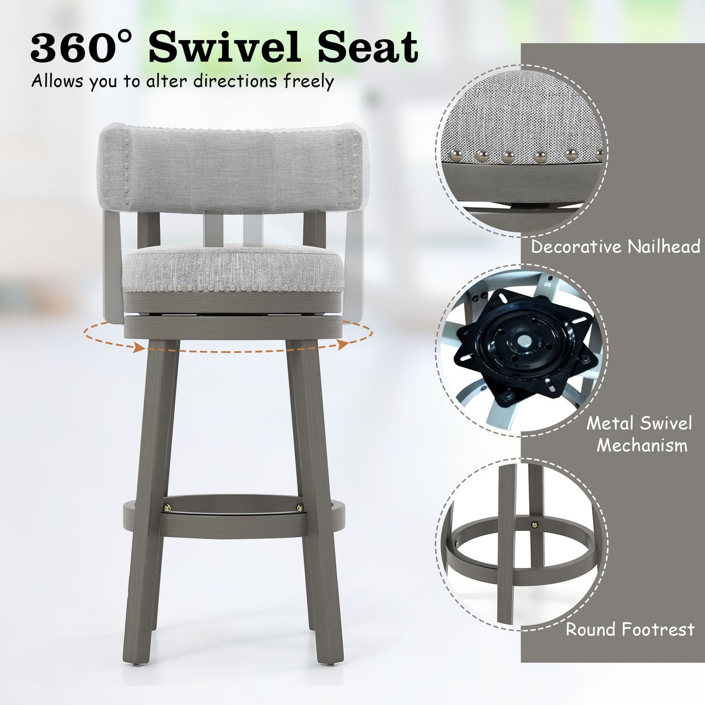 Elegant Swivel Bar Stool with Comfortable Backrest, Footrest, and Fabric Seat, 27 Inch