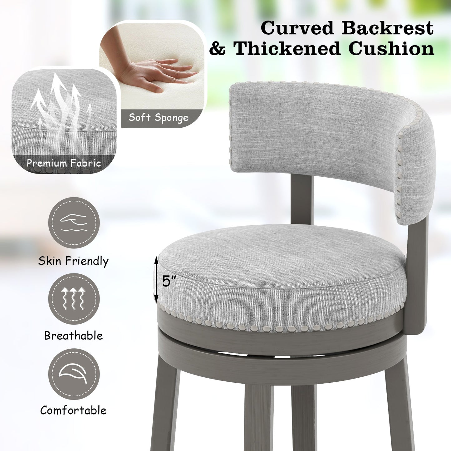 Elegant Swivel Bar Stool with Comfortable Backrest, Footrest, and Fabric Seat, 27 Inch