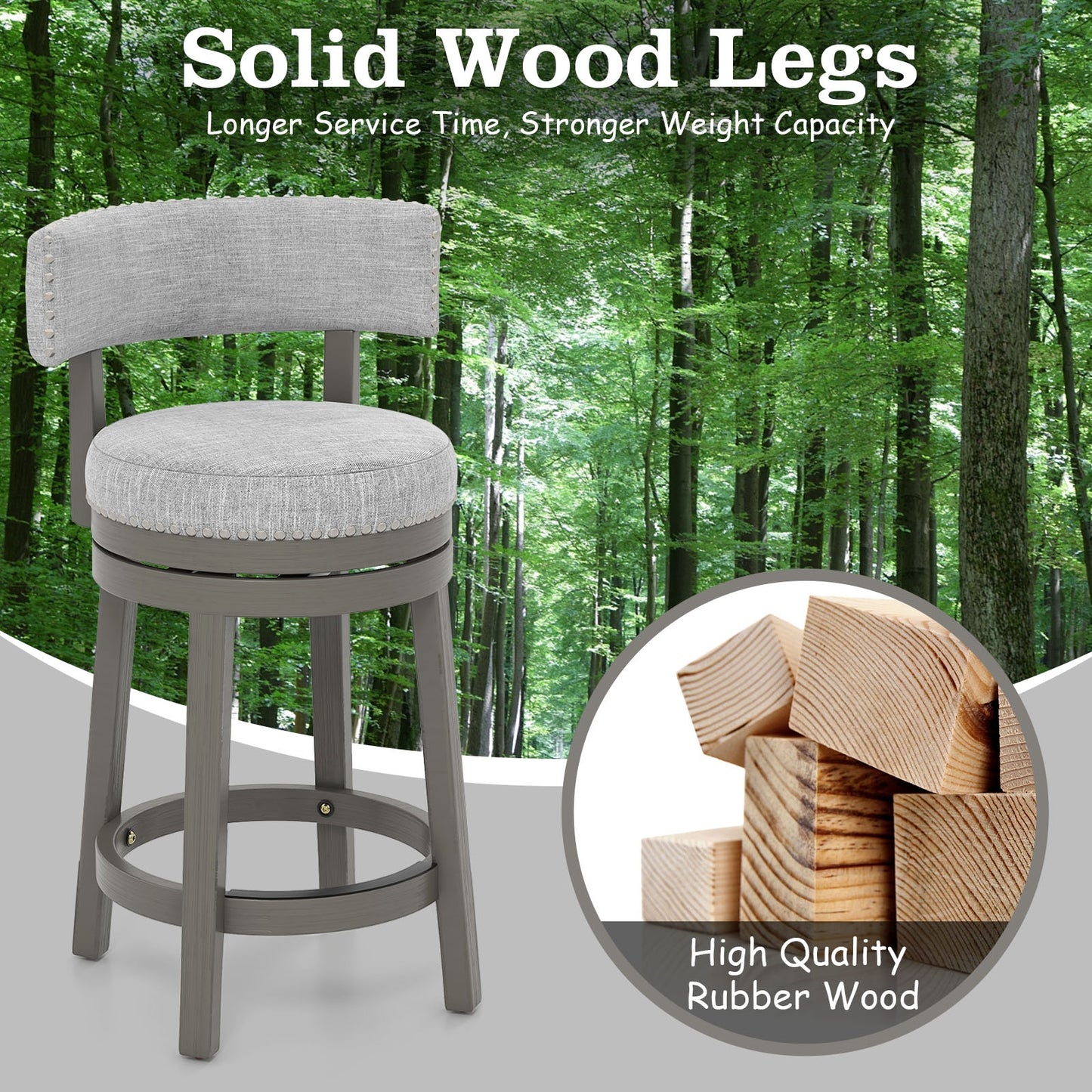 Elegant Swivel Bar Stool with Comfortable Backrest, Footrest, and Fabric Seat, 27 Inch