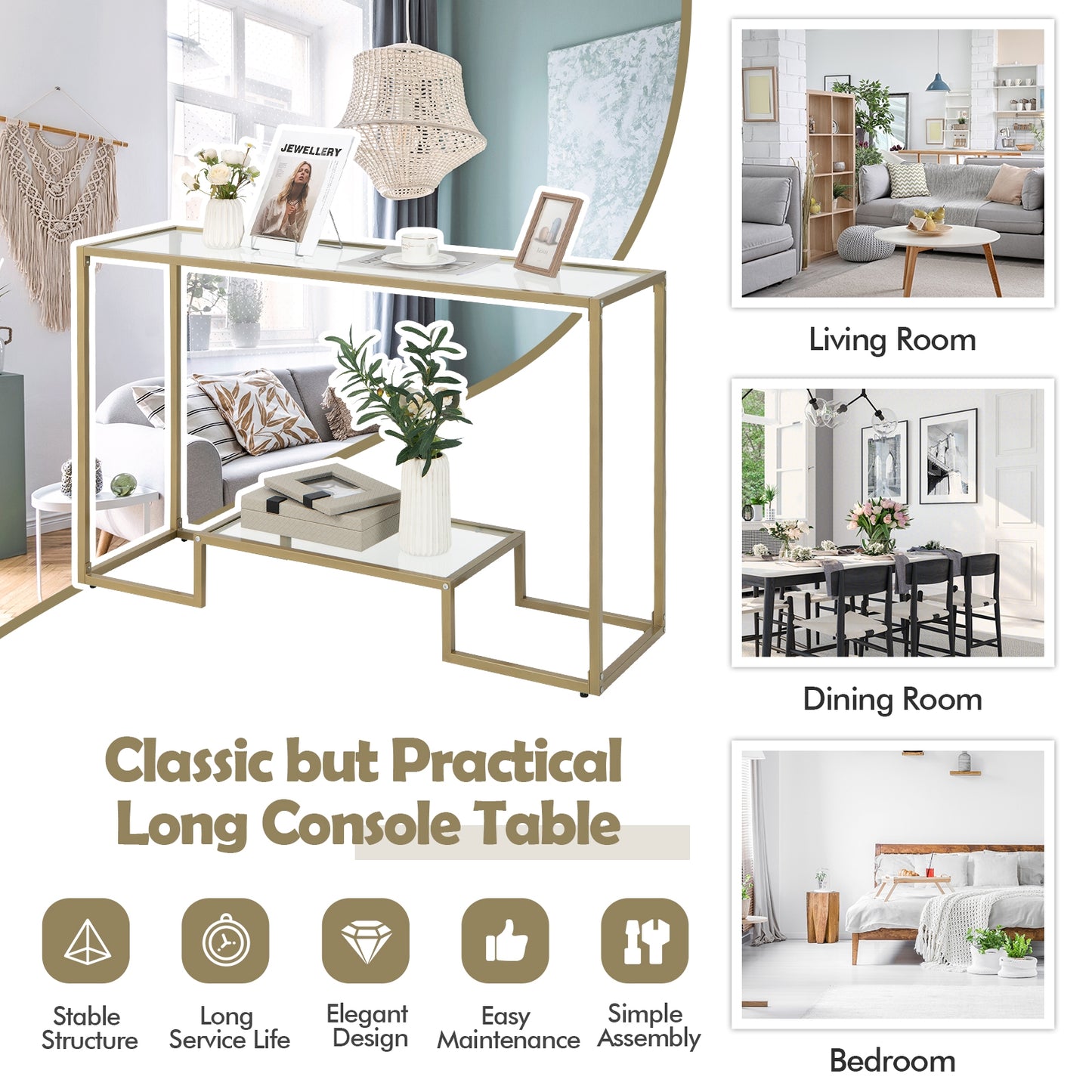 Elegant 48 Inch Gold Frame Console Table with Two Glass Shelves for Stylish Hallway Storage