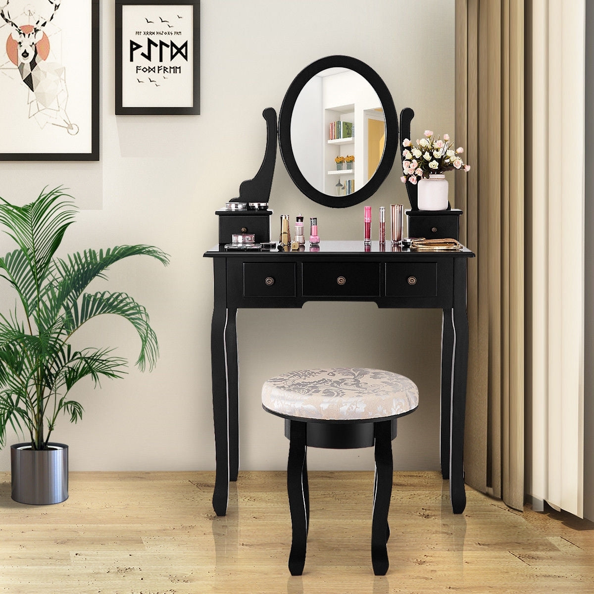 Wooden Vanity Makeup Table Set with Padded Stool, Spacious Storage & 360° Adjustable Mirror