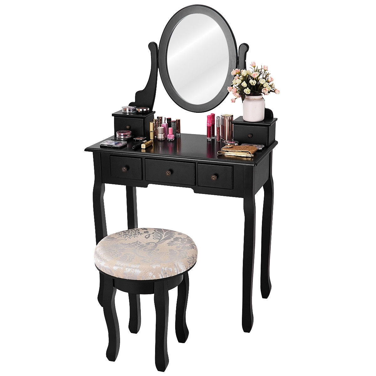 Wooden Vanity Makeup Table Set with Padded Stool, Spacious Storage & 360° Adjustable Mirror