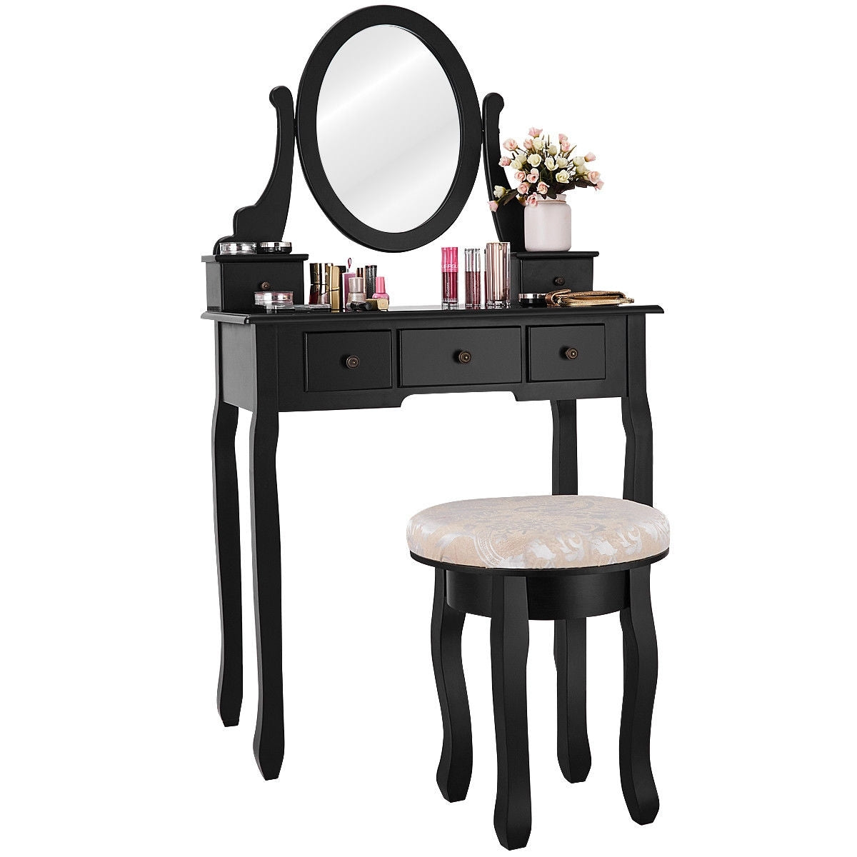Wooden Vanity Makeup Table Set with Padded Stool, Spacious Storage & 360° Adjustable Mirror