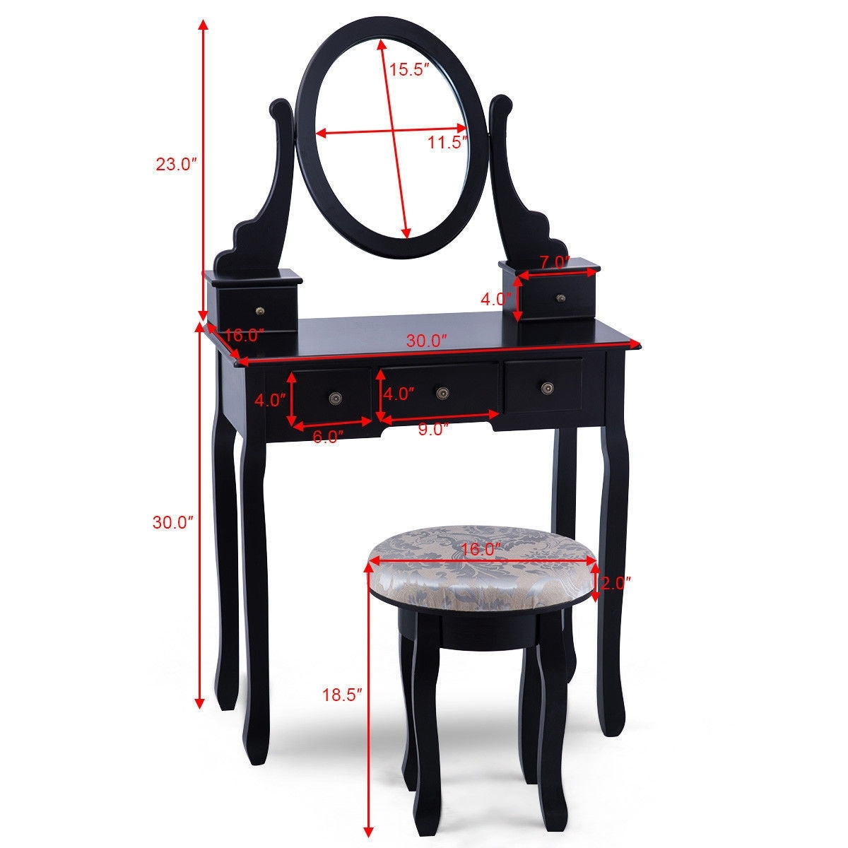 Wooden Vanity Makeup Table Set with Padded Stool, Spacious Storage & 360° Adjustable Mirror