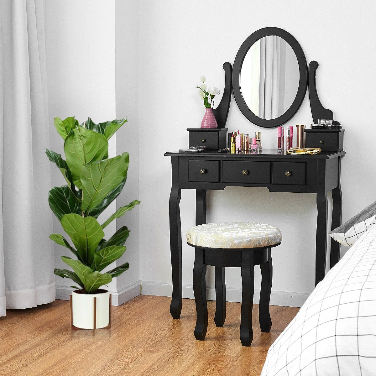 Wooden Vanity Makeup Table Set with Padded Stool, Spacious Storage & 360° Adjustable Mirror