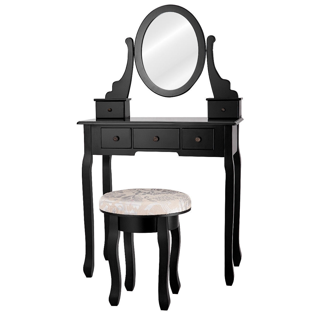 Wooden Vanity Makeup Table Set with Padded Stool, Spacious Storage & 360° Adjustable Mirror